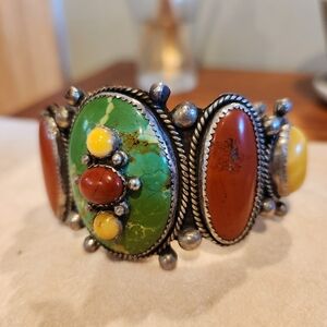 Gorgeous Margie Hiestand turquoise, jasper and amber sterling silver cuff.